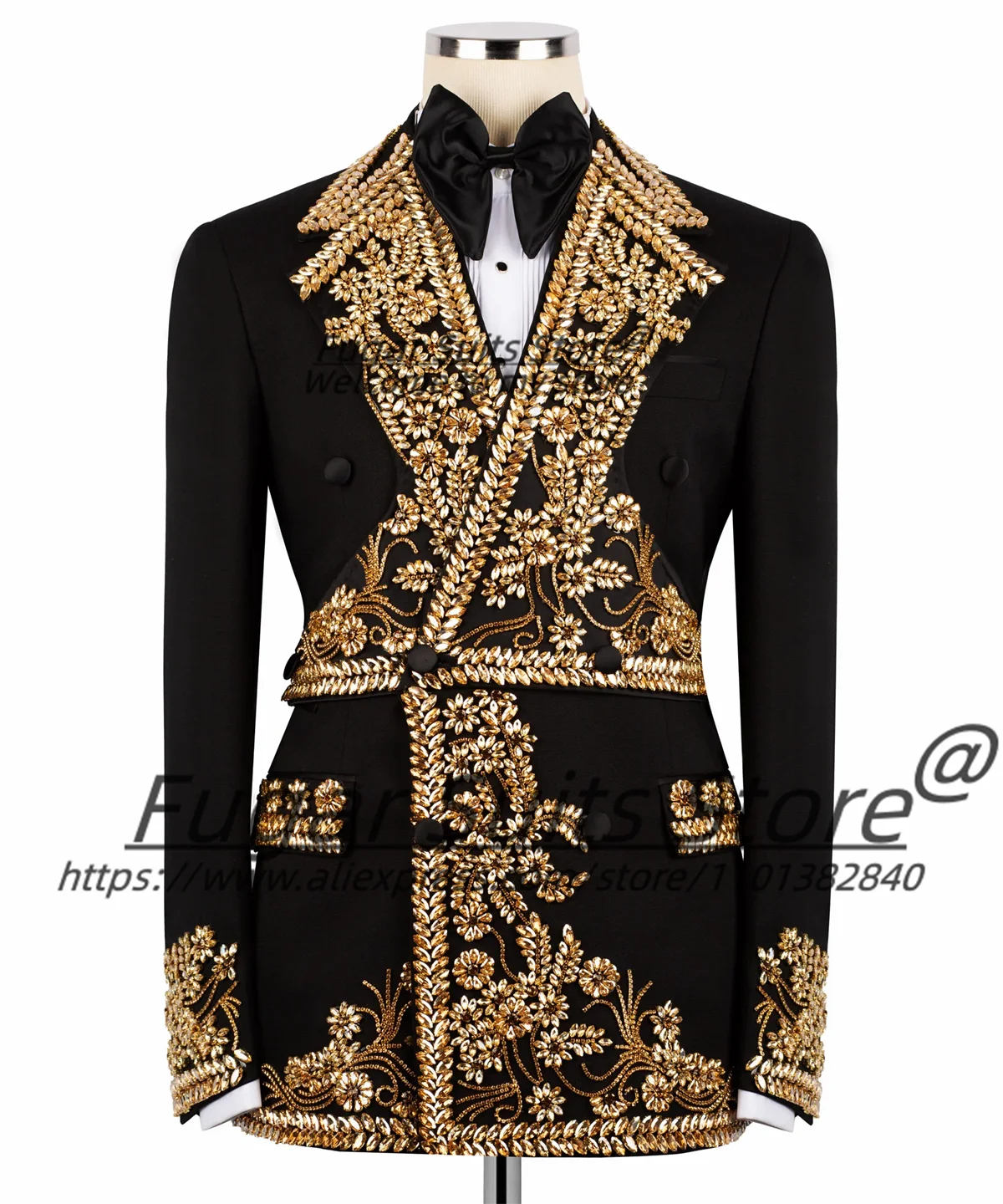 

Luxuly Sparkling Golden Diamond Groom Wedding Tuxedos Customized Slim Fit Double Breasted Men Suits 2 Pieces Sets Ropa Hombre