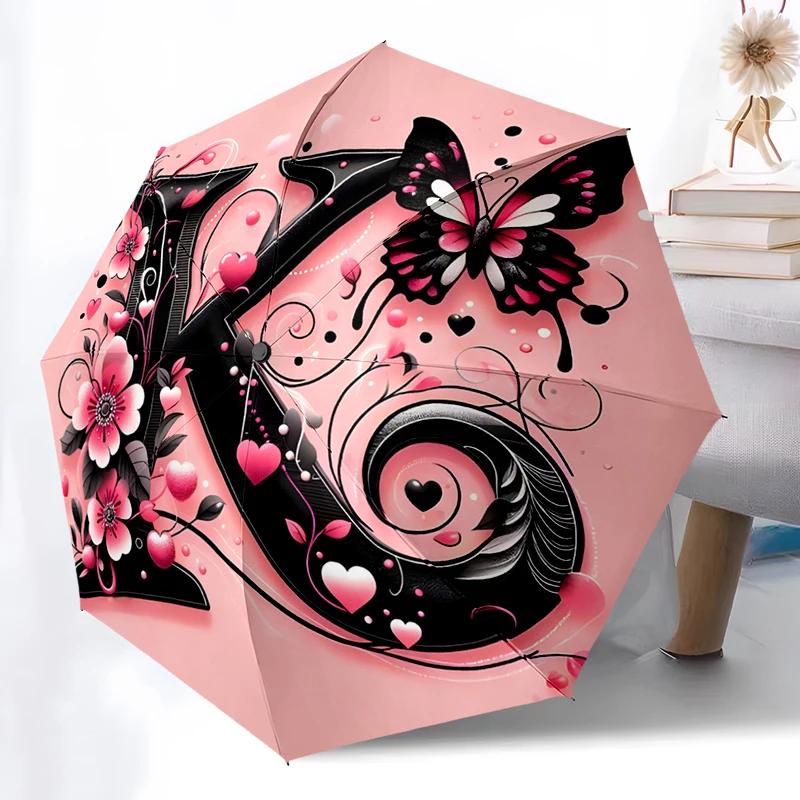 Pink K-T Letters Theme Folding Umbrella - Fashionable Auto-Open Design 8 Iron Ribs Plastic Handle Foldable Sunshade，Perfect Gift