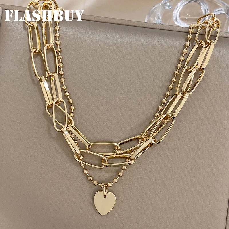 Flashbuy Heart Pendant Necklaces for Women Girl New Statement  Multi-layer Metal Clavicle Chain Gold Color Fashion Jewelry