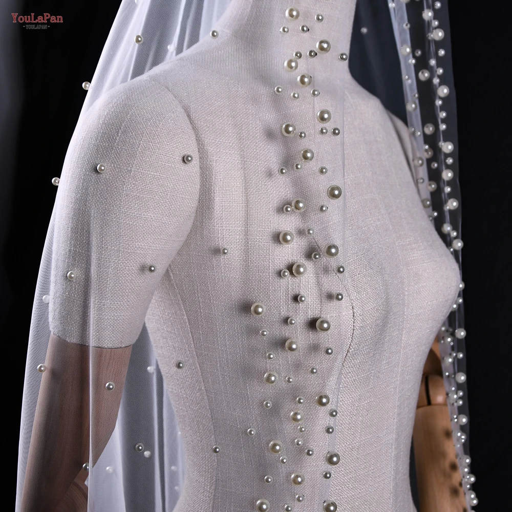 Youlapan-Luxo Bridal Pearls Veil, 3m Wide, Catedral de casamento, Branco, Único, Macio, Tule, Personalizável, V66, No Comb