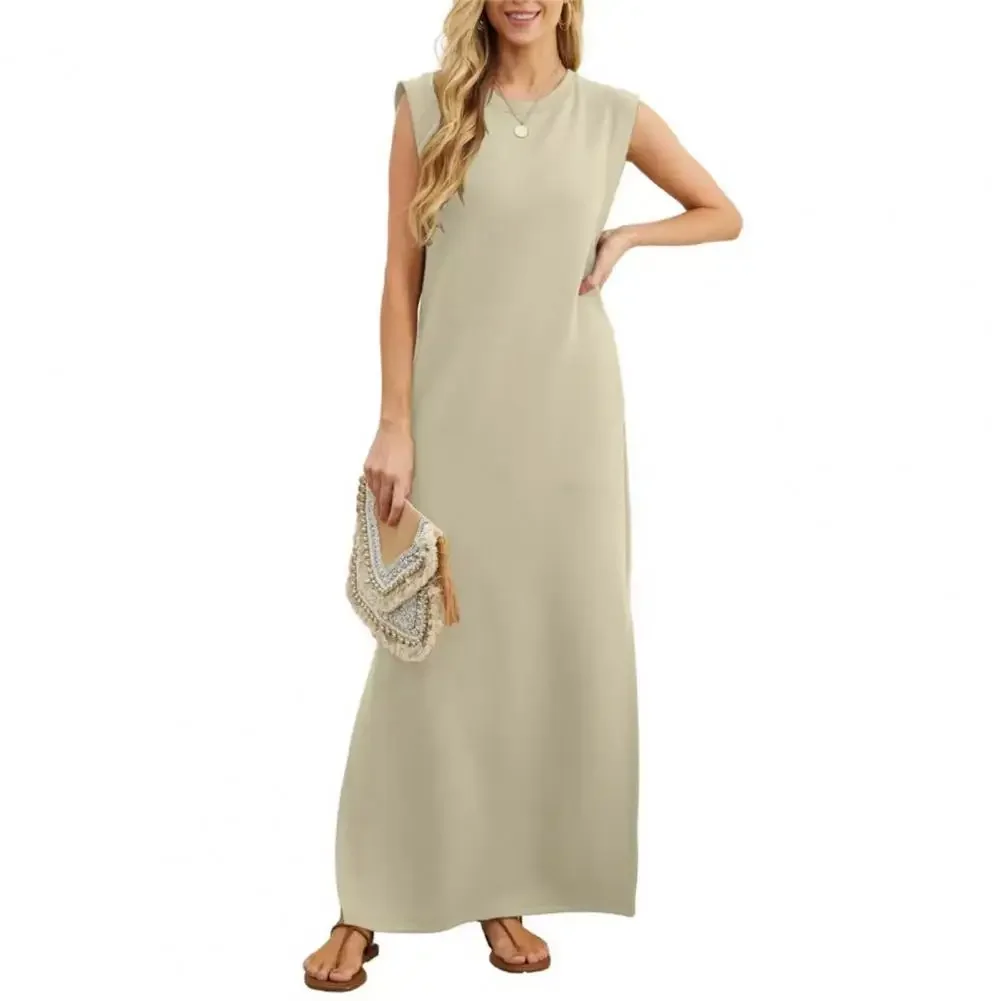 

Summer Lady Dress Round Neck A-line Sleeveless Dress Loose Waist Ankle Length OL Commute Maxi Dress