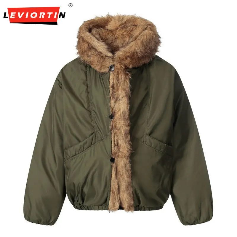 

Winter men's American fashion brand workwear cotton clothing casual loose and thick imitation mink fur hooded cotton clothing