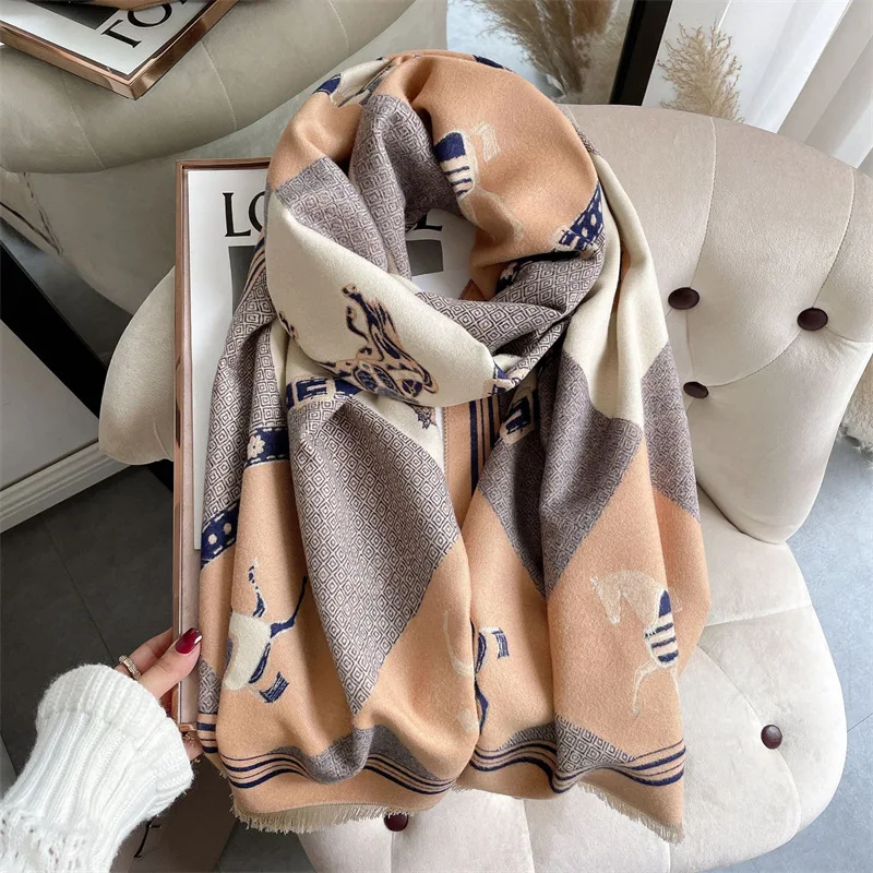 Luxury Winter Scarf Women Soft Cashmere Warm Pashmina Double Horse Printed Scarves Wraps Thick Shawl Bufandas Stoles Hijabs