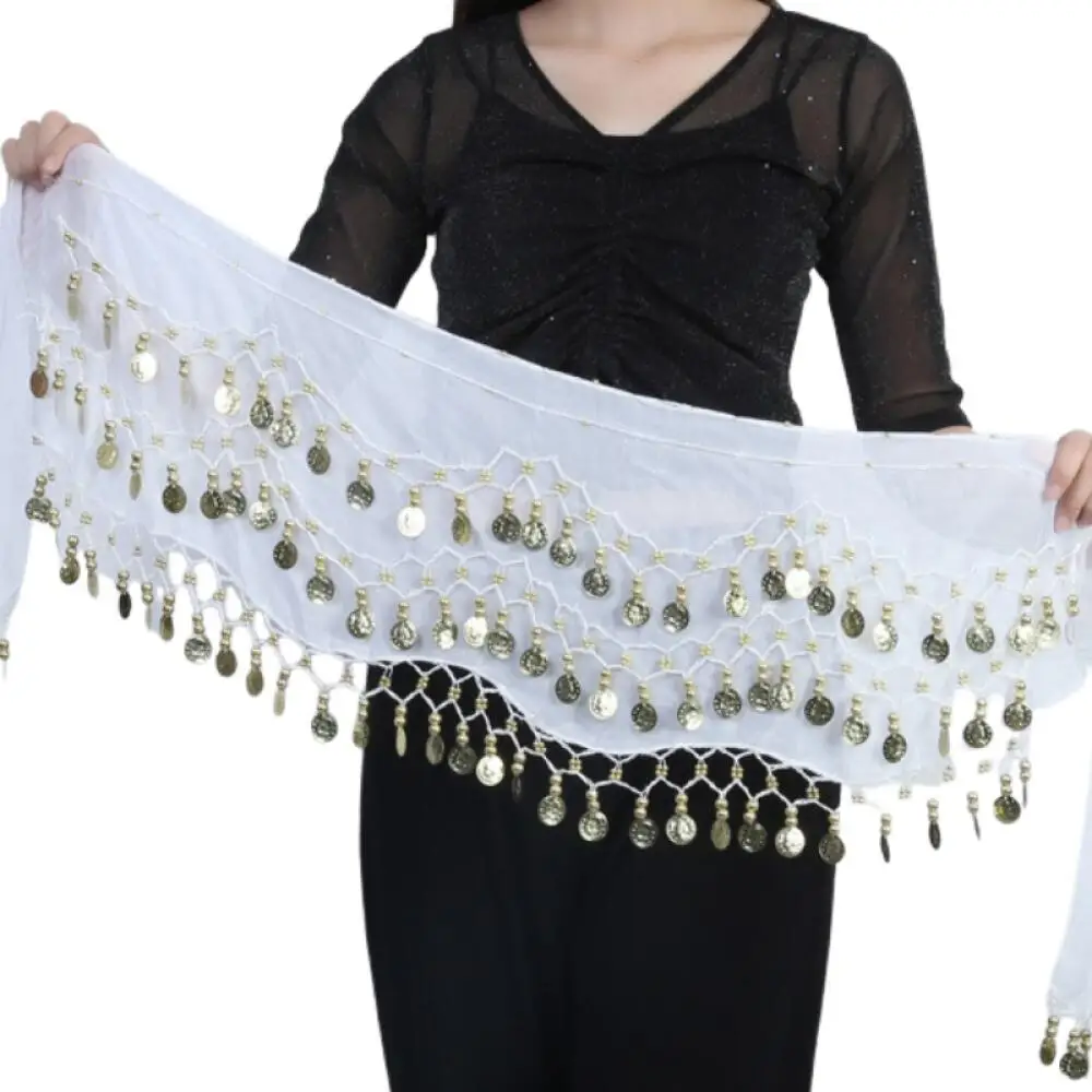 1PC Indian Dance Dress Waist Chain Belt for Women Belly Dance Chiffon Gold Coin Hip Scarf Performance Practice Accessories