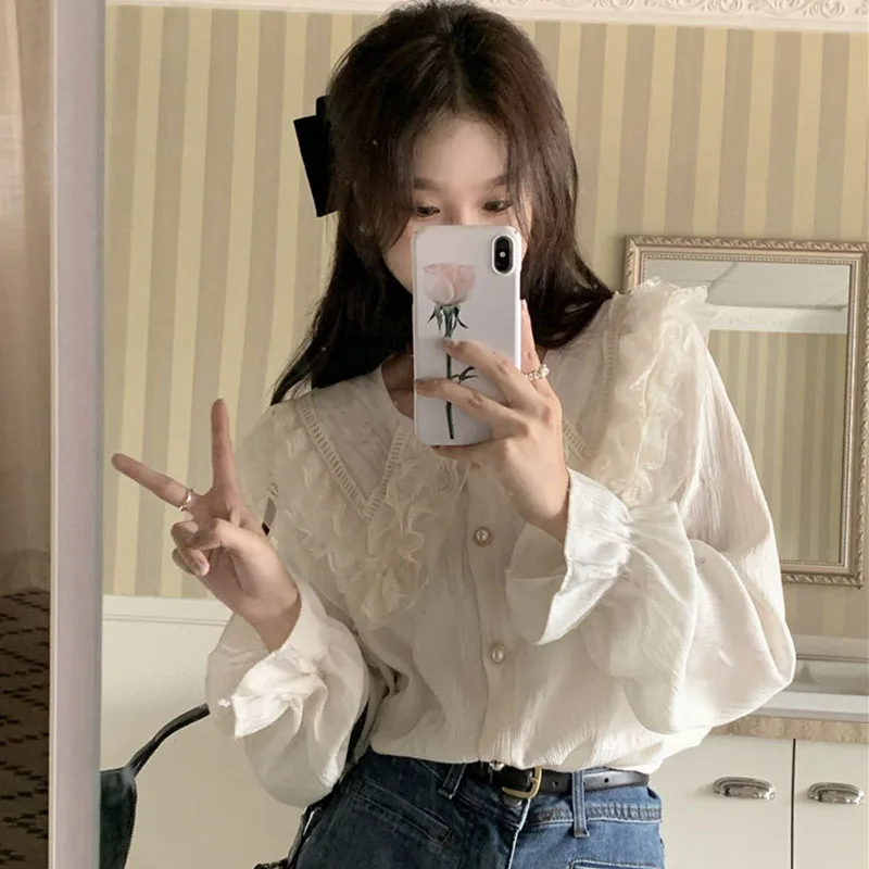 

Lucyever Women's White Chiffon Blouse Spring New Sweet Lace Collar Long Sleeve Shirts Female Korean Chic Buttons Up Shirt Tops