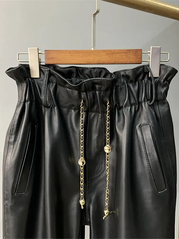 Real leather pants high waist Chains Stitching Genuine sheep Leather pants female  was thin leather pants with pockets wy892