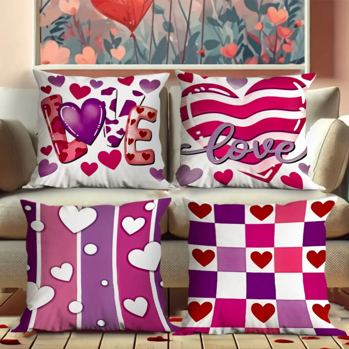 4pcs Love pattern design Single-sided printing Short plush Suitable for living rooms bedrooms sofas (excluding pillow cores)
