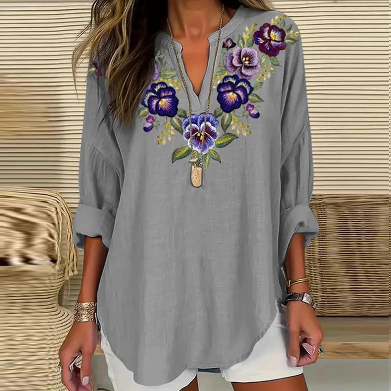 Casual Short Sleeved Sheer Blouses Women Women\'S Fashion V Neck Long Sleeved Purple Floral Printed Top Plus Size Ruffled Tunic