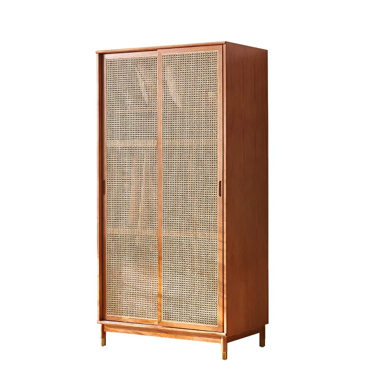 Wabi sandy wind rattan ash wood wardrobe household small apartment double door cabinet with drawers large capacity