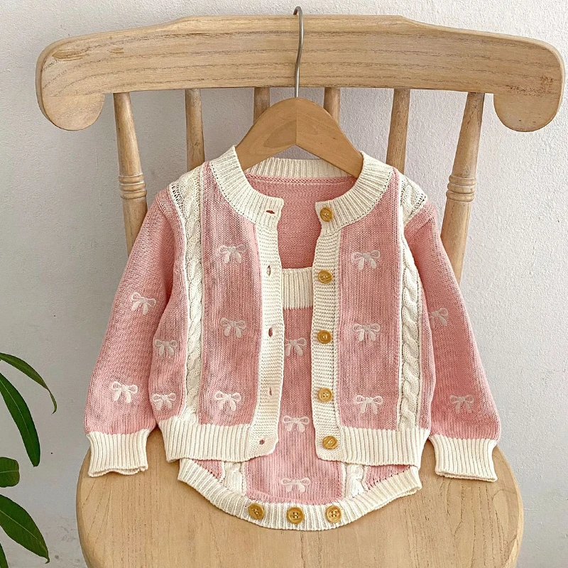 Newborn Baby Girls Clothes Suit Autumn Kids Suit Knit Infant Baby Girls Clothing Set Embroidered Bow Knitted Cardigan+Jumpsuit