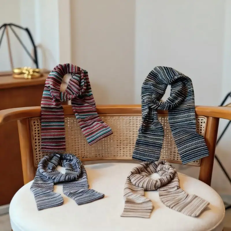 Syal Rajut Vintage Motif Garis-garis Aneka Warna, Penghangat Leher Musim Gugur Musim Dingin, Syal Bulu Halus Pria Wanita, Syal Dua Sisi Trendi, Hiasan Hadiah