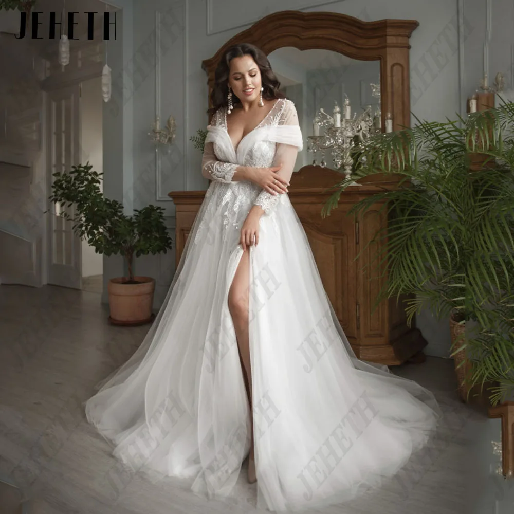 Jeheth Hyundai vestido de novia de manga larga vestido de novia con cremallera de JEHETH-vestido de novia de manga larga con cuello en V profundo, traje de novia con cremallera, apliques de línea A de tul, talla grande