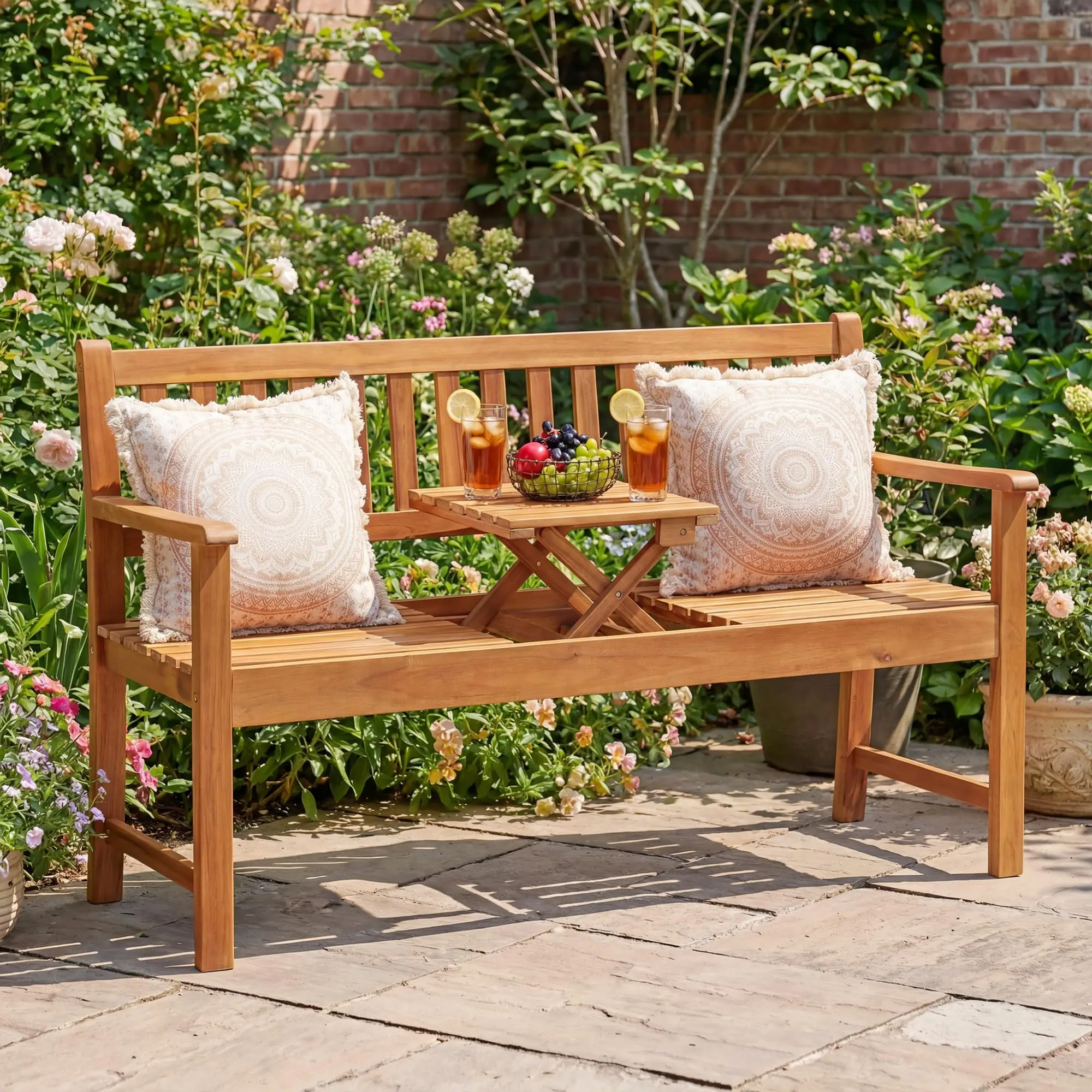 Acacia Wood Outdoor Bench, 2-Person Garden Bench with Pull-Out Table