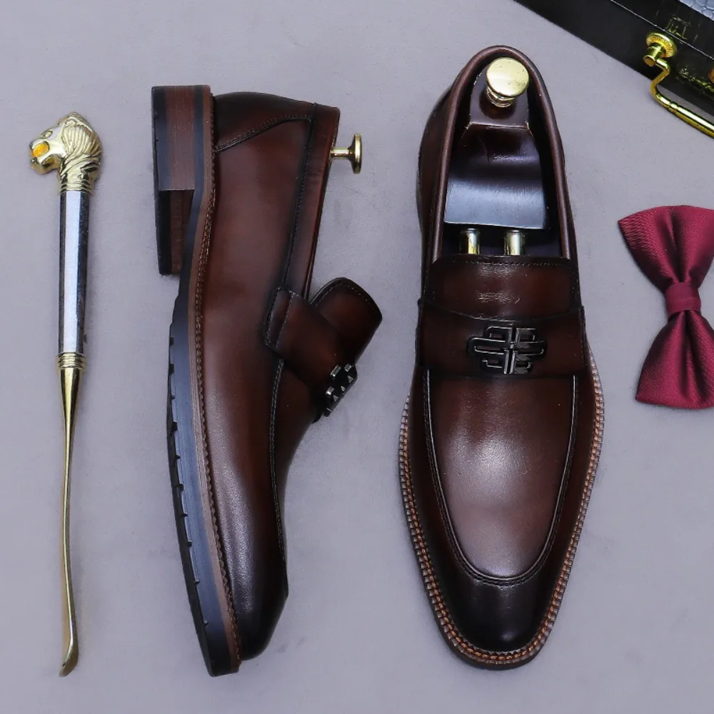 Scarpe mocassini in pelle stile britannico da uomo |   Business casual di ispirazione coreana, vera pelle bovina, slip-on, finitura lucidata