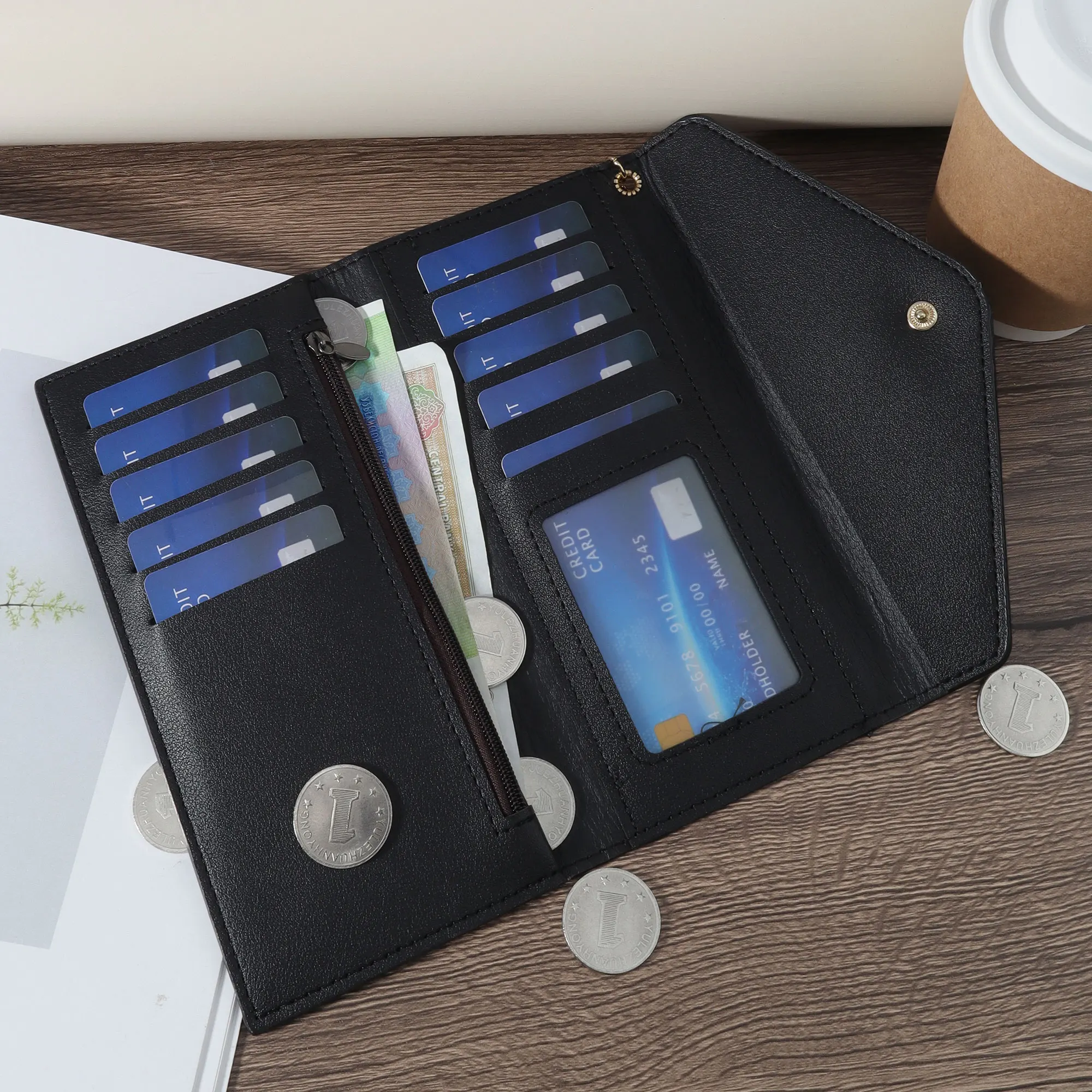 Fashionable women's long wallet, coin wallet, three fold multi card slot tassel decoration multifunctional wallet, elegant PU le