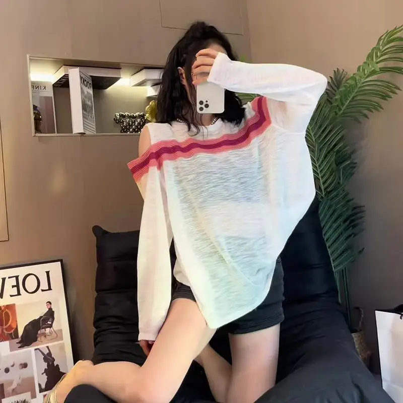 Summer Striped Print Hit Color Women Open Shoulder Long Sleeve T Shirt Thin Loose Sun Protection Oversize Top Fashion Sexy Sweet