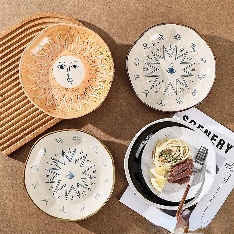 

Creative ceramic tableware for household hotels Irregular dinner plate Japanese retro ceramic western food spaghetti salad plate