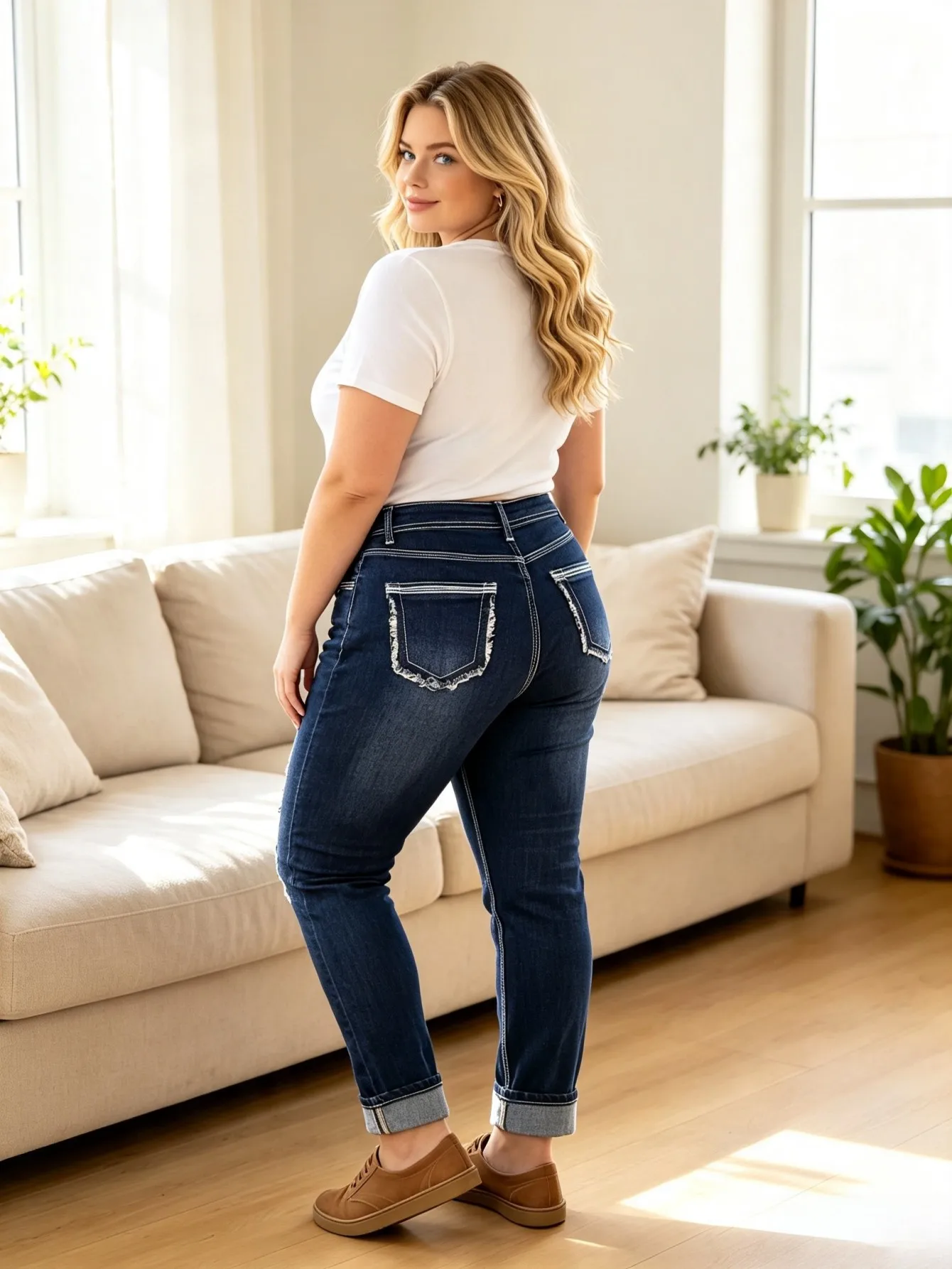 【HME】Jeans | Women Ripped Denim Pants, Distressed Patchwork Boyfriend Denim Jeans, Contrast Heavy Stitching, Frayed Back Pockets, Roll‑Up Cuff Relaxed Fit Pants For Street Daily Wear
