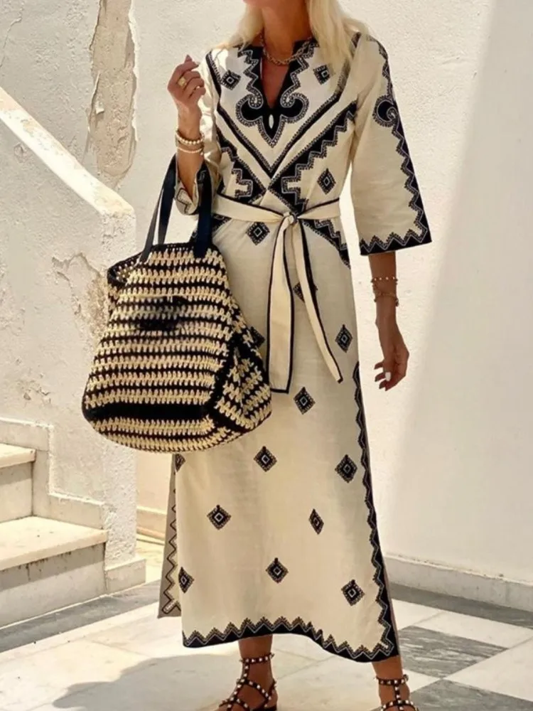 

2025 Women's Spring Autumn New Fashion Retro Geometric Printed Dress V-neck Belt Casual Loose Half Sleeve Boho Elegant Dresses