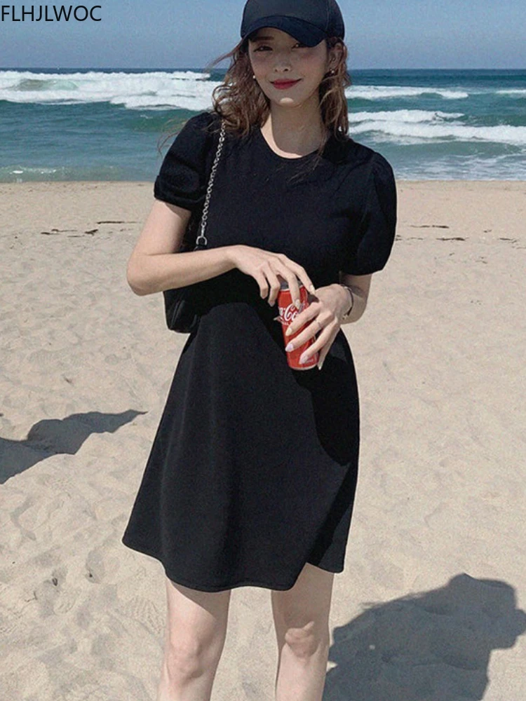 2022 Summer Cute Sweet Girls Women Korea Japan Preppy Style Casual Short Sleeve Solid A Line O Neck Black T-Shirt Dress