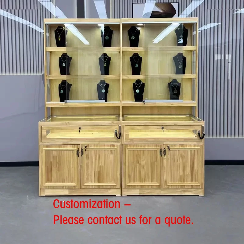 custom.Luxury Multi-Tiered Wood Jewelry Display Stand with LED Lighting Glass Back & Durable Design Retail Use