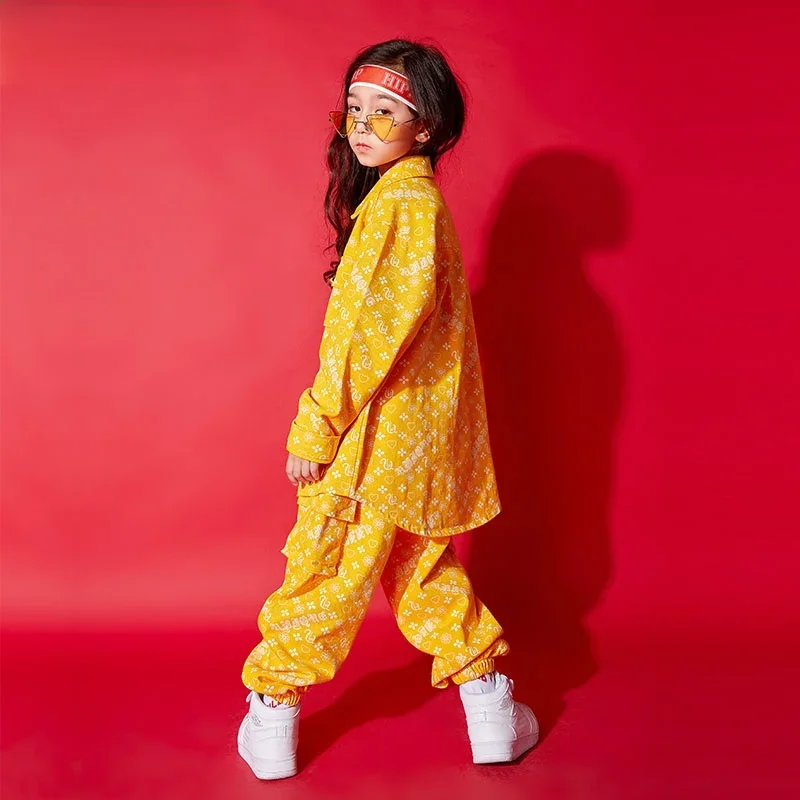 Girls Street Dance Dot Jacket Cargo Pants Boys Yellow Hip Hop Joggers Clothes Set Kids Jazz Print Shirt Child Costume Streetwear