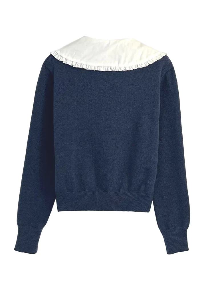 เสื้อสเวตเตอร์คอตุ๊กตาสไตล์ยุโรป แฟชั่นผู้หญิงใหม่ ดีไซน์เข้าได้กับทุกชุด โทนสีตัดกันอย่างลงตัว