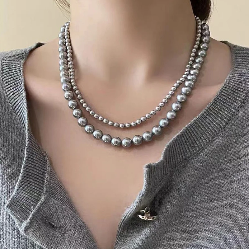 Vintage Grey Pearl Necklace For Women Girl Light Luxury Elegant Sweet Beaded Clavicular Chain Necklace Wedding Jewelry Gifts