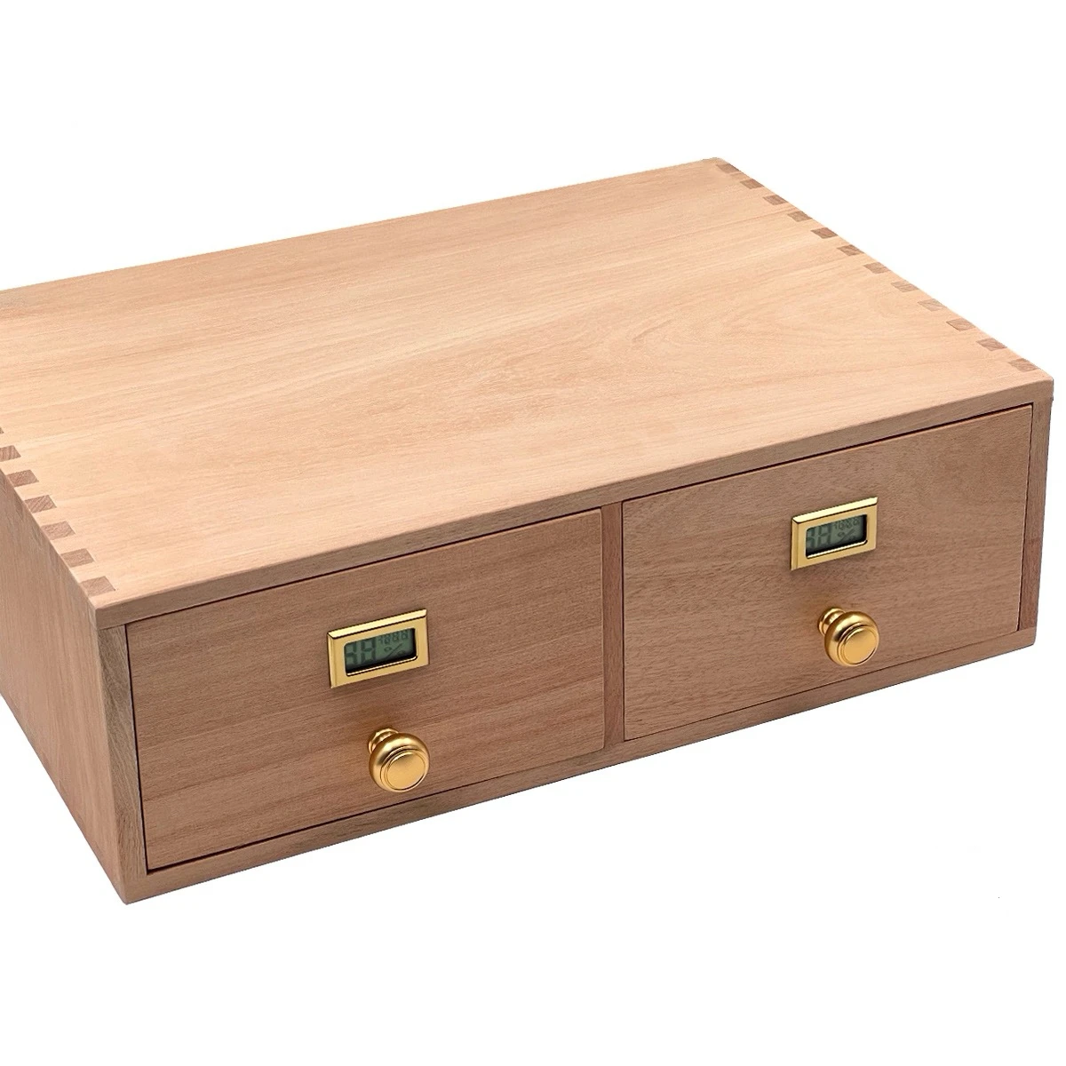 High End Cedar Wood Compartment Storage Cigar Box, Alloy Drawer Cigar Box.