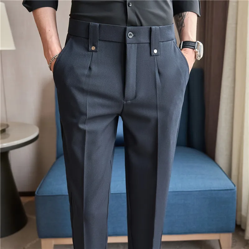 Pantalones de traje de estilo británico para hombre, ropa Formal, informal, ajustada, con cintura elástica, sólida, Primavera, 2024