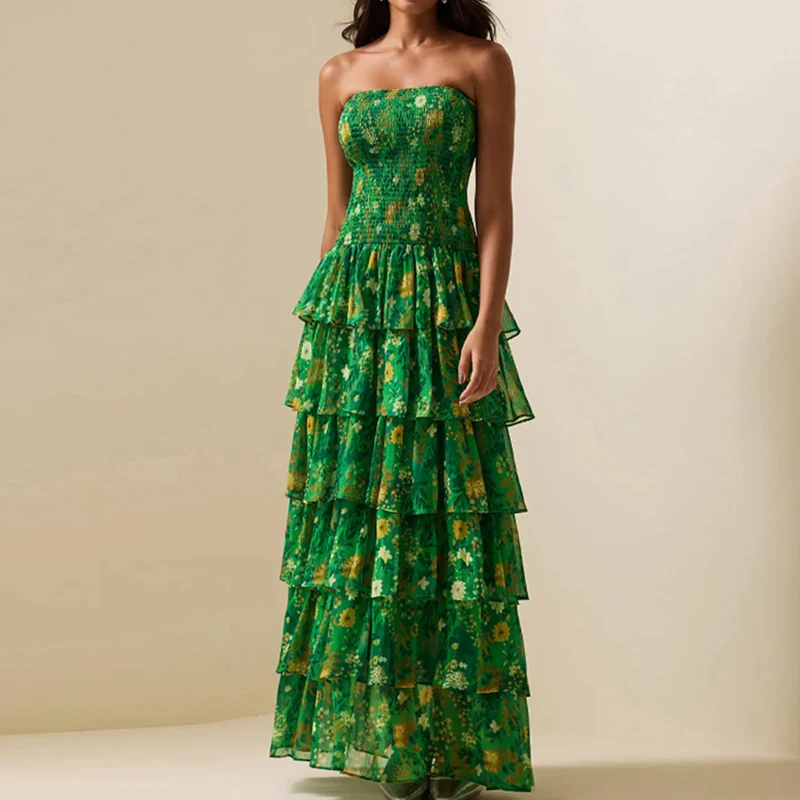 Moda sem alças plissado impresso vestido longo verde cintura alta em camadas bolo vestido elegante feminino oco sem mangas vestido de férias