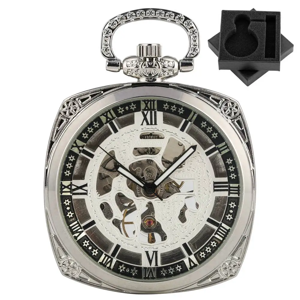 

Винтажные механические карманные часы с ручным заводом и открытым лицом, римские цифры, циферблат, серебряный брелок-цепочка, карманные часы в стиле ретро, подарок