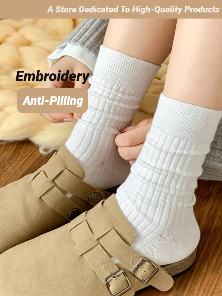 Women Socks Letter Embroidered Striped Double-Needle Mid-Tube Fashion Solid Cotton Retro Loose Japanese Student Girls Stockings