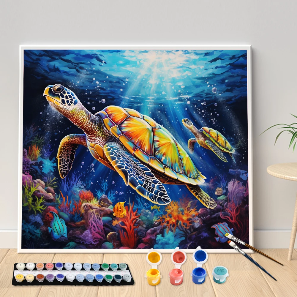 Digital  Painting Kit DIY Sea Turtle and Colorful Coral Reef Handmade Art Canvas Hand Painted Home Decor Personalized Surpris