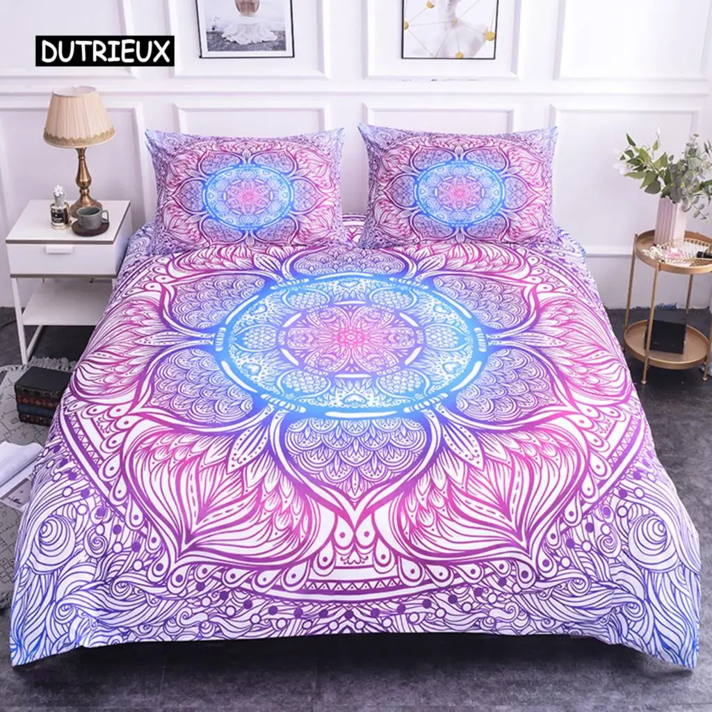 

Mandala Duvet Cover Set King Size Lotus Flower Blue Purple Pink Bedding Set Bohemian Mandala Style Soft Polyester Quilt Cover