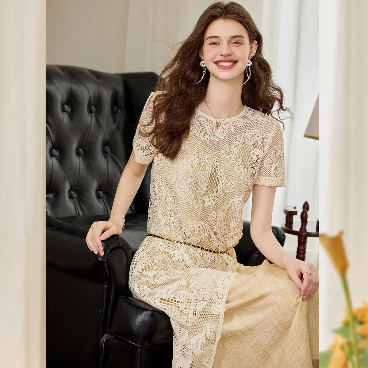 LOUISYAO 2026 Summer Women's 2 Piece Outfits Hollow Out Cover Up + Slip Dress Long Dress Fashion Elegant Set