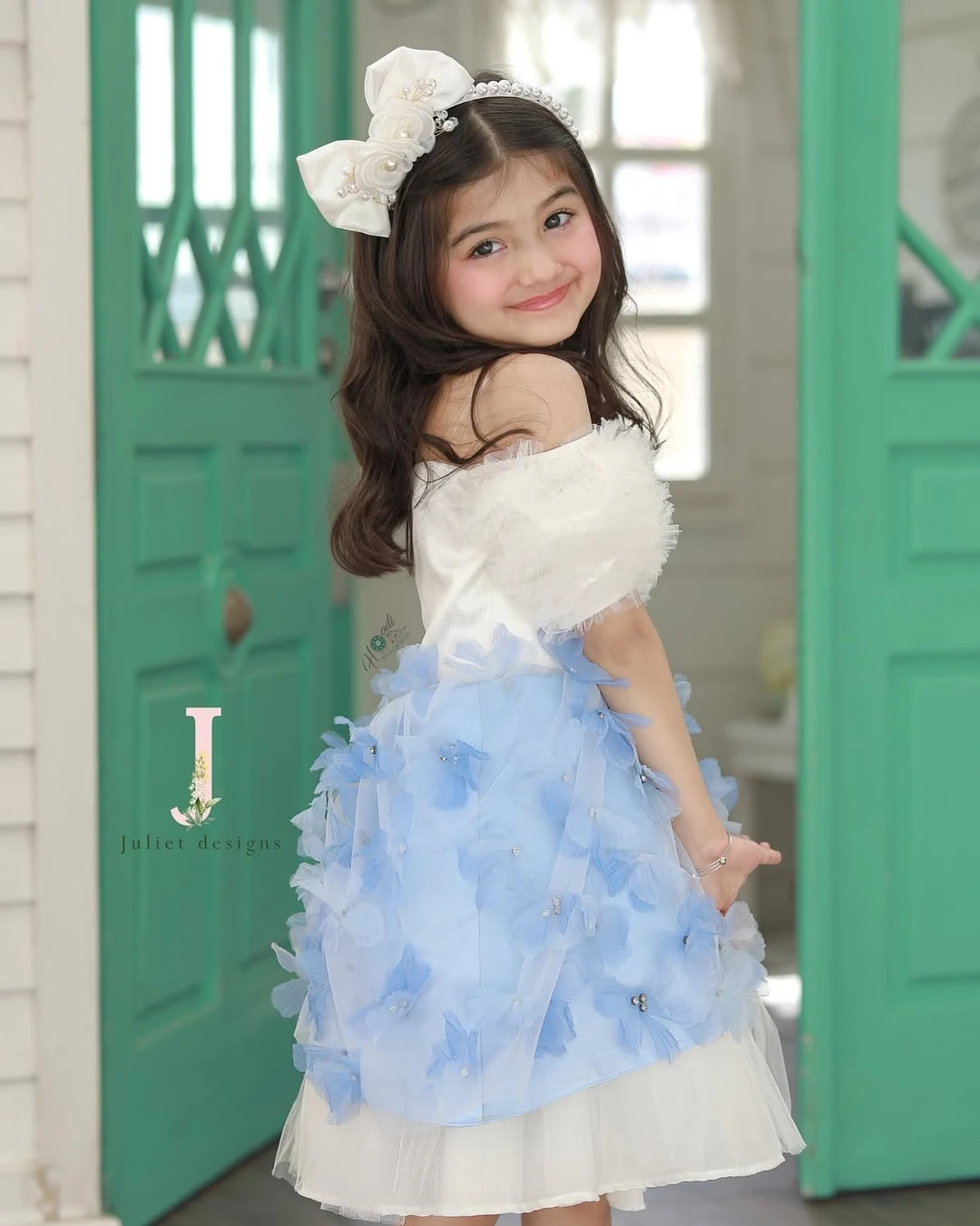 Sevintage Princess Ivory Blue Flower Girl Dresses Off The Shoulder A-Line Birthday Dresses Butterfly Wedding Dresses Customized