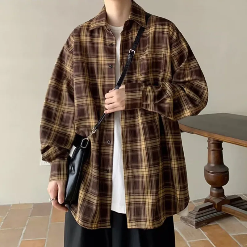 HKSH 春秋の新女性男性シャツチェック柄長袖シングルブレストポケットターンダウンカラー多用途レトロブラウス HK16976