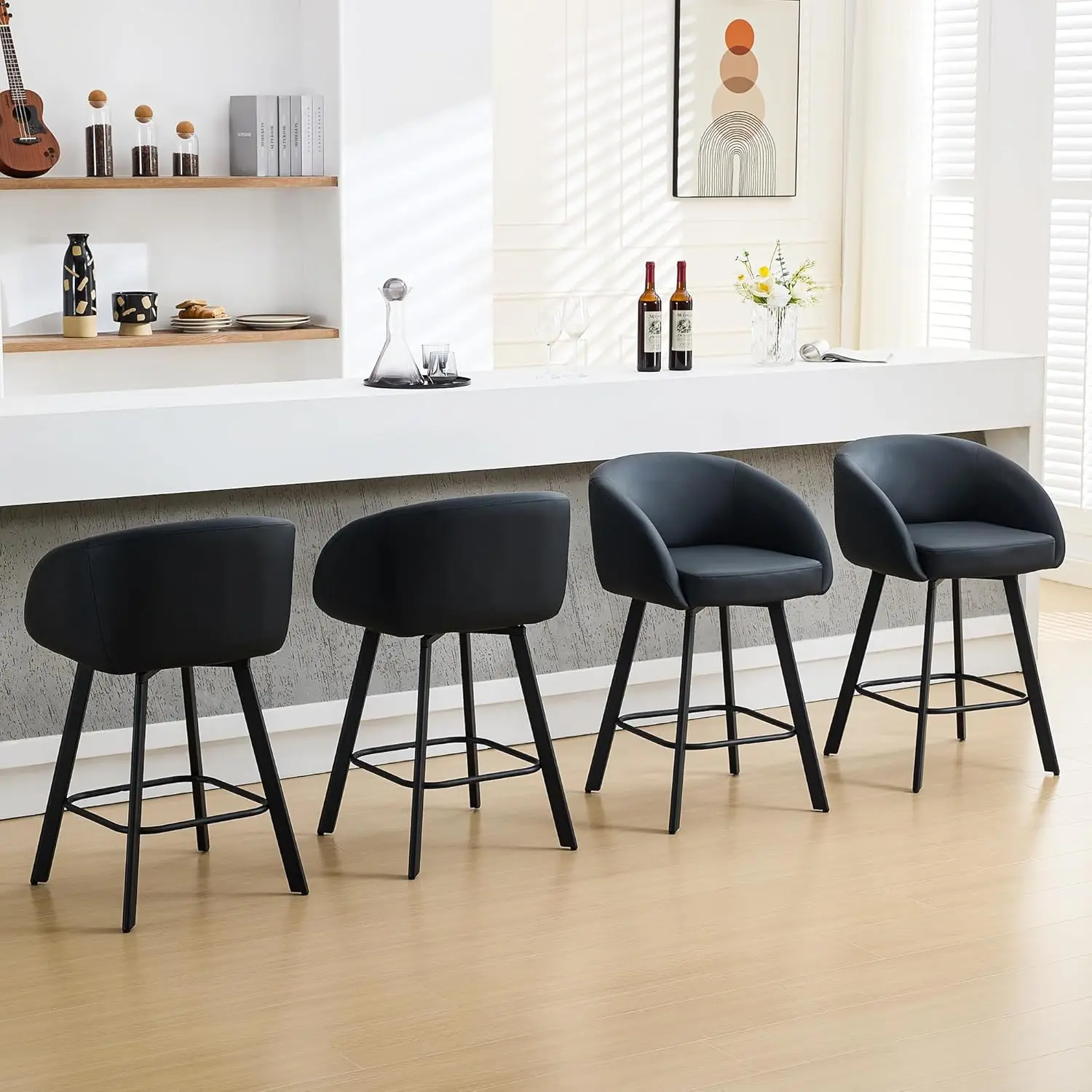 

Bar Stools Set Of 4, 26" Swivel Bar Height Bar Stools With Back And Arms, Faux Leather Kitchen Barstools Counter, Customized