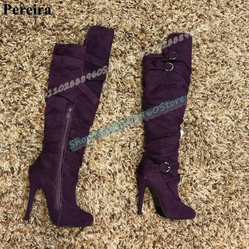

Trendy Knee High Purple Flock Buckle Strap Boots Stilettos High Heel Shoes For Women Side Zipper Round Toe Stylish Casual Boots
