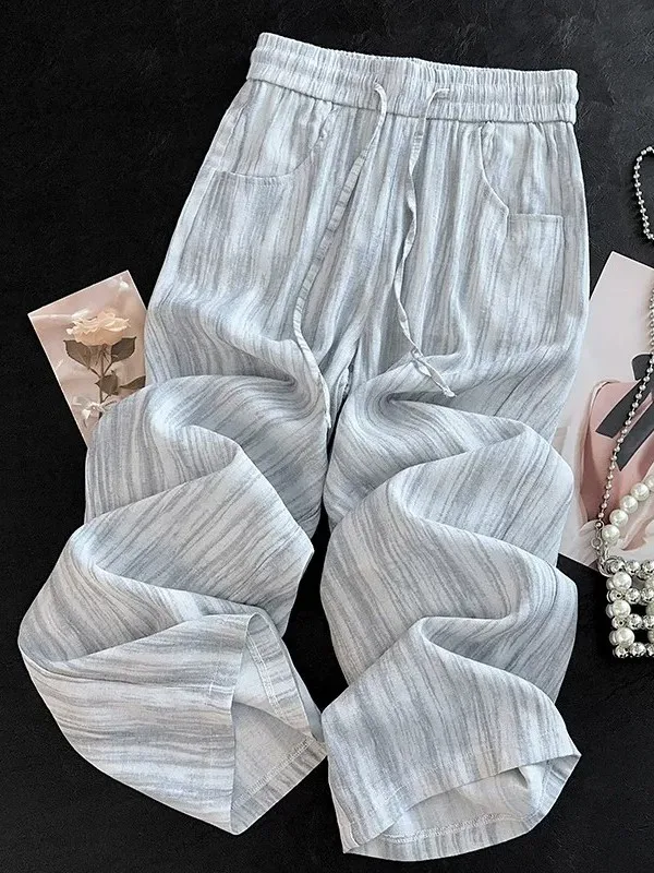 

Summer plus Size Women's Striped Cotton Linen Wide Leg Pants Loose High Waist Loose Slim Straight Tube Pants Casual Style