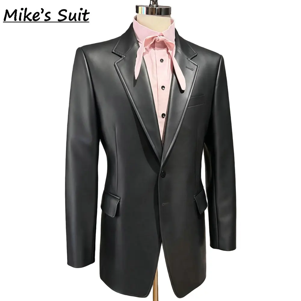 Black Faux Leather Men's Suit Single Piece Jacket Business Slim Fit Man Suits Set For Wedding Evening Party