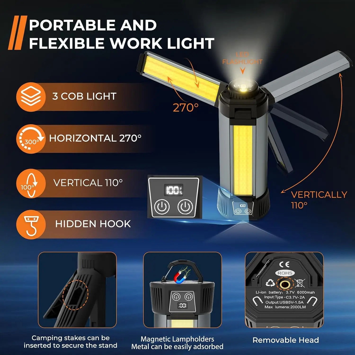 6000mAh Rechargeable Work Light with Stand High Lumen LED Cordless Camping Light Outdoor Portable Flashlight With Magnetic