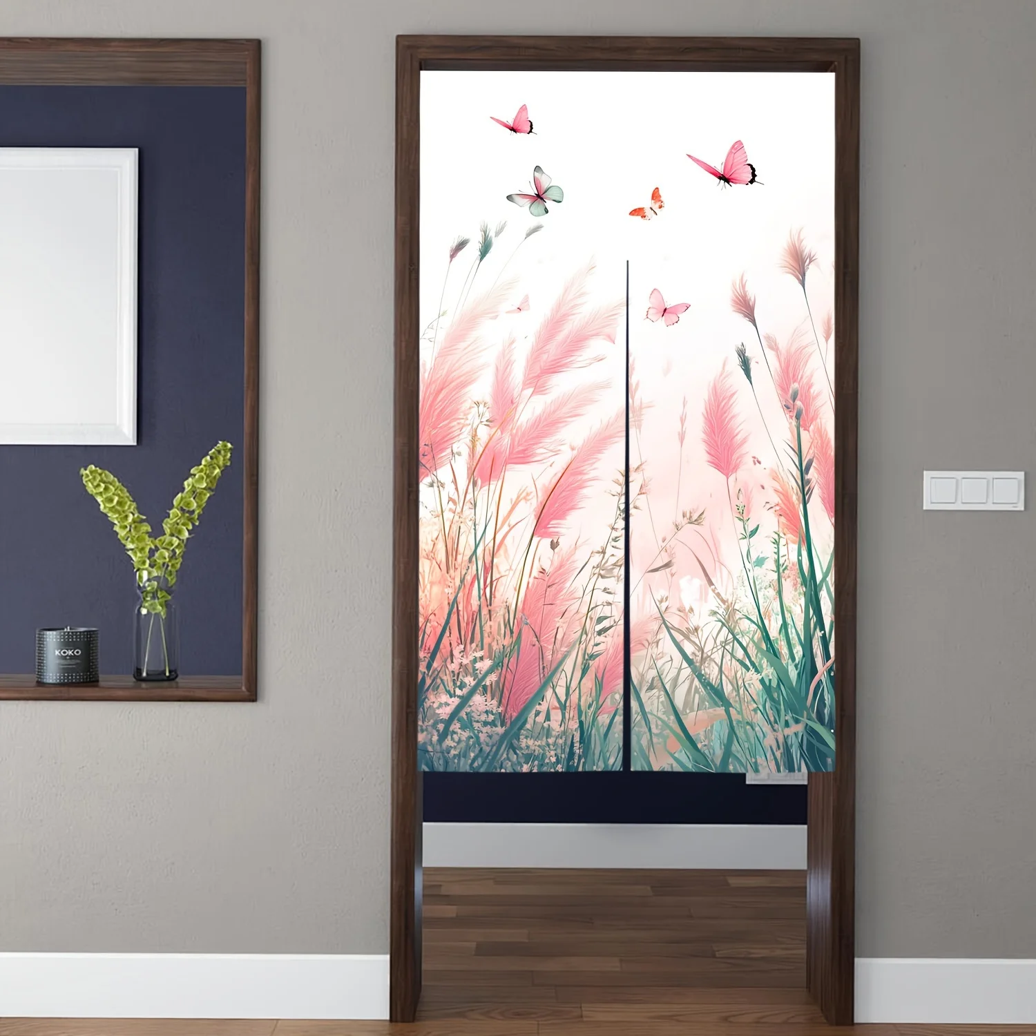 1 piece pink butterfly and reed flower pattern door curtain, polyester fabric, suitable for restaurant kitchen decoration