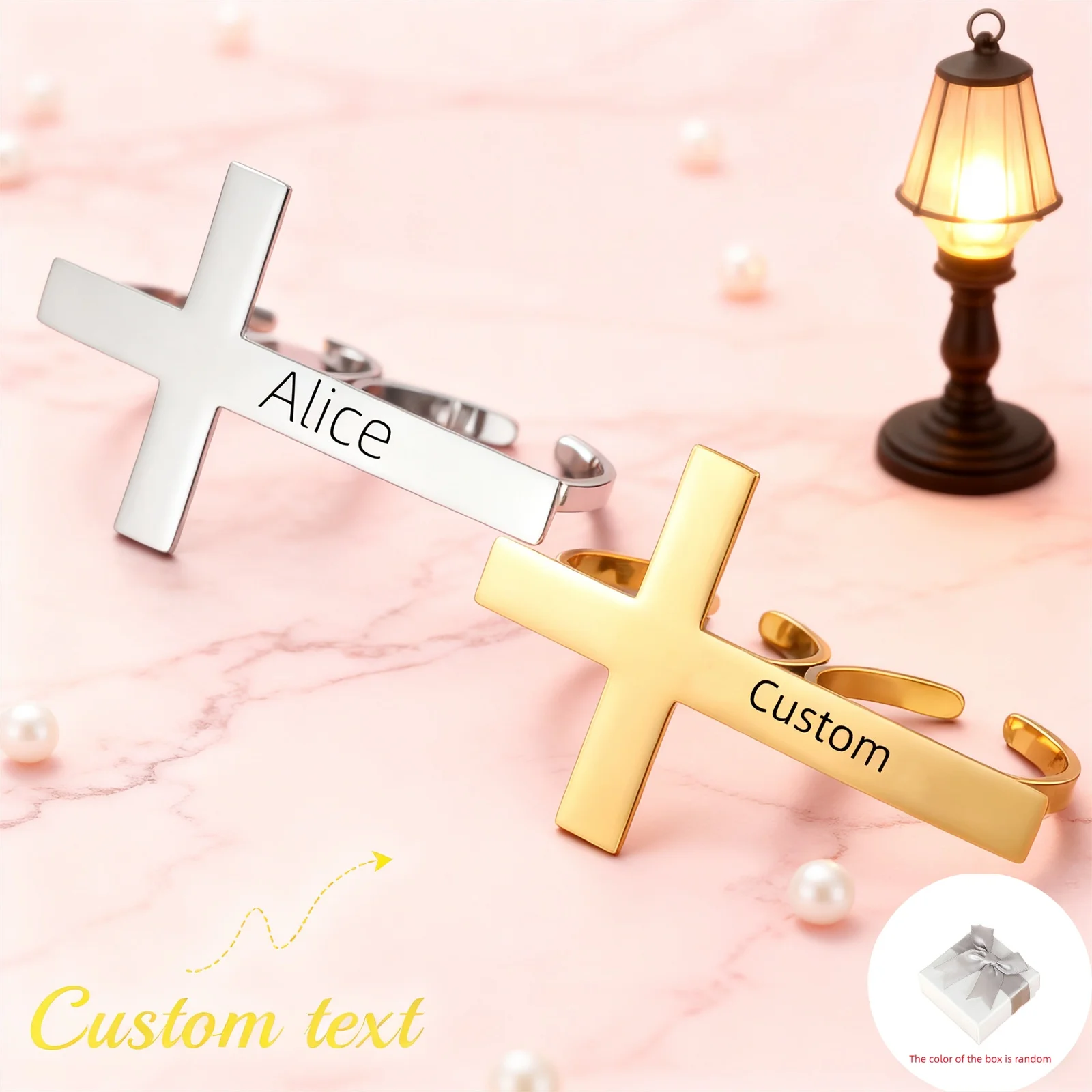 Customized Name Date Logo Double Finger Cross Open Ring Stainless Steel Gothic Retro Jesus Cross Personalized Name Ring Jewelry