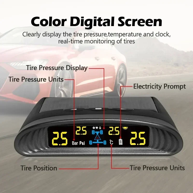 Wireless Solar Tire Pressure Monitoring System Tpms Detection With 4 Built-in Sensors