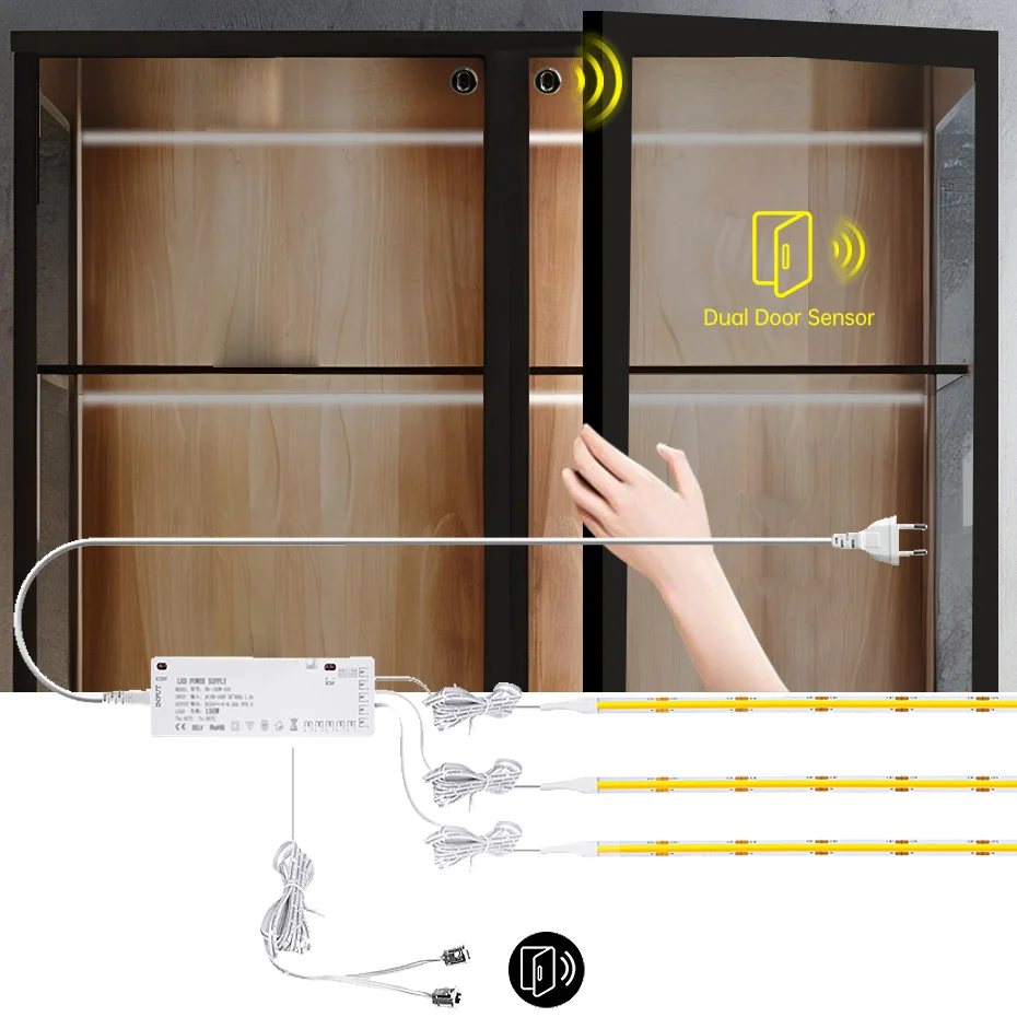 DC12V Ultra-Thin COB LED Kit 320LEDs/m 1-6Pcs with Dual Door Sensor Control for Pantry Closet Showcase Cabinet Lighting Decor