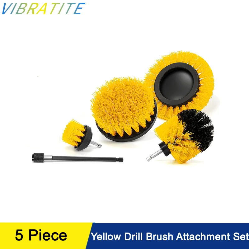Set di accessori per spazzole gialle per trapano, 5 pezzi con spazzole estese da 2/3,5/4/5 pollici per dettagli auto, superfici del bagno, cucina, doccia