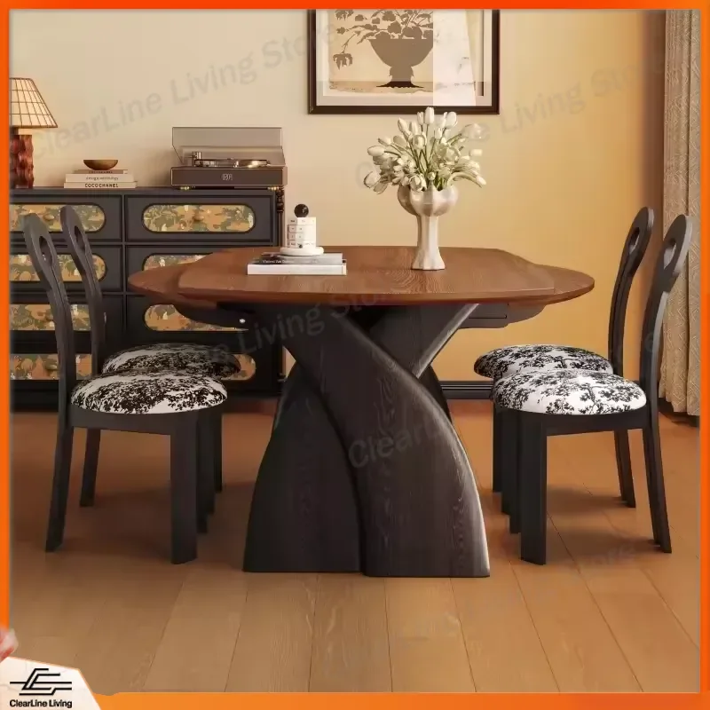 Round French Retro Wooden Retractable Dining Table Antique Style High End Expandable Round Dinner Table Set For Home Kitchen