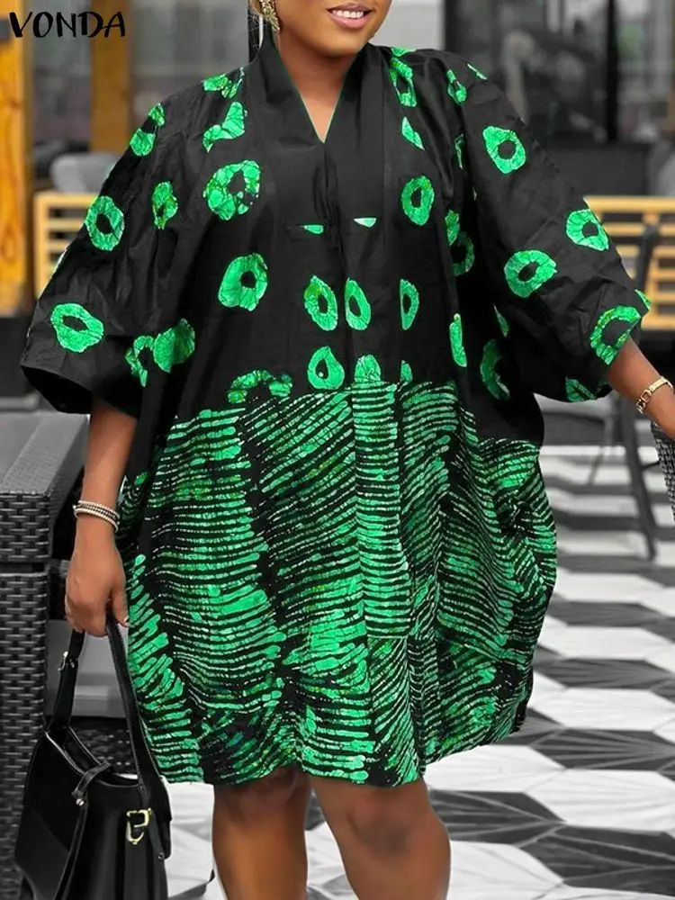 فوندا حجم كبير فساتين صغيرة 5XL المرأة البوهيمي طباعة 3/4 كم الخامس الرقبة عادية فضفاض حفلة Vestidos عطلة الخريف موضة رداء #3